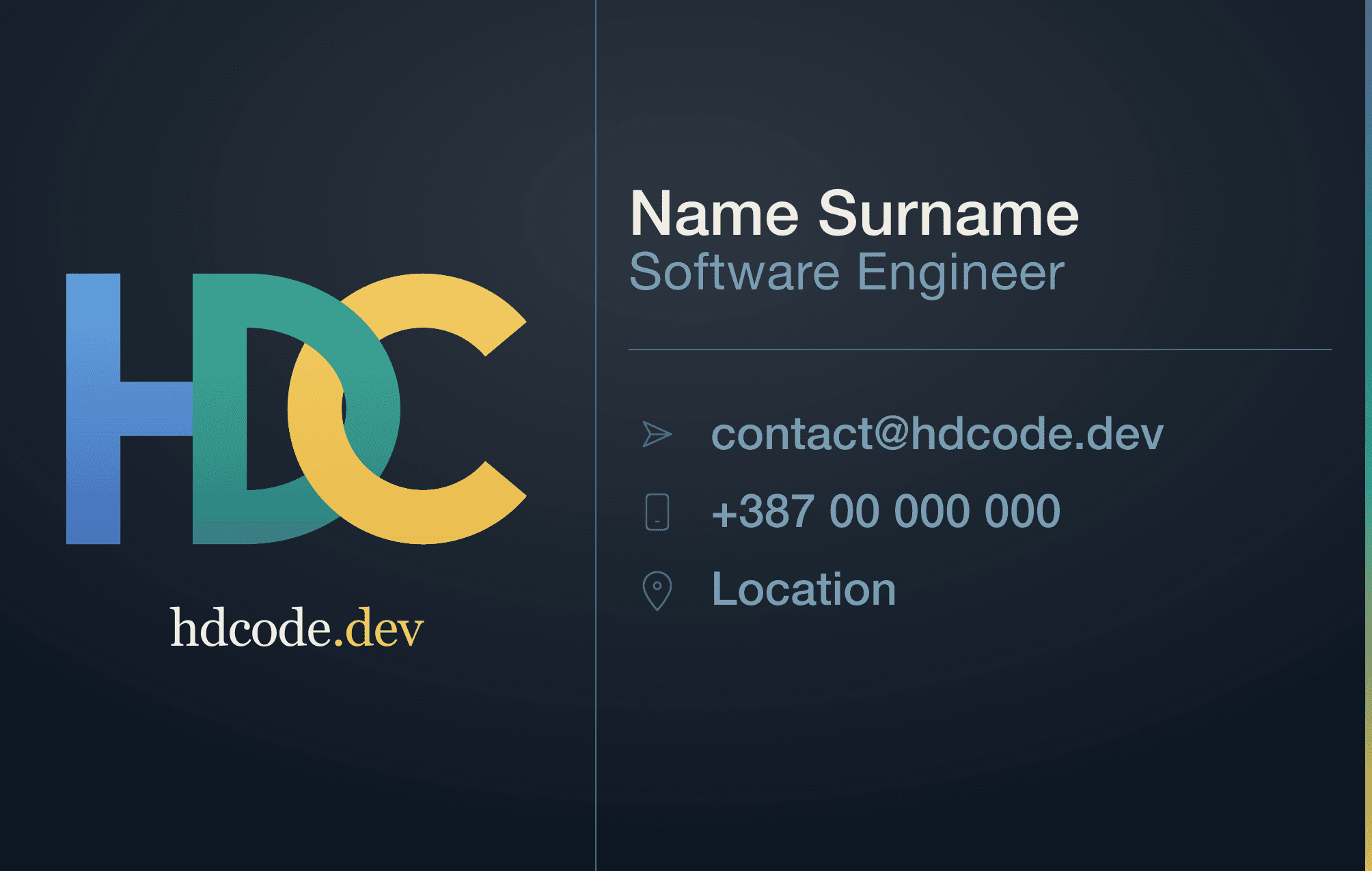 Balanced business card front - dark navy with slightly more saturated HDCode logo and contact details