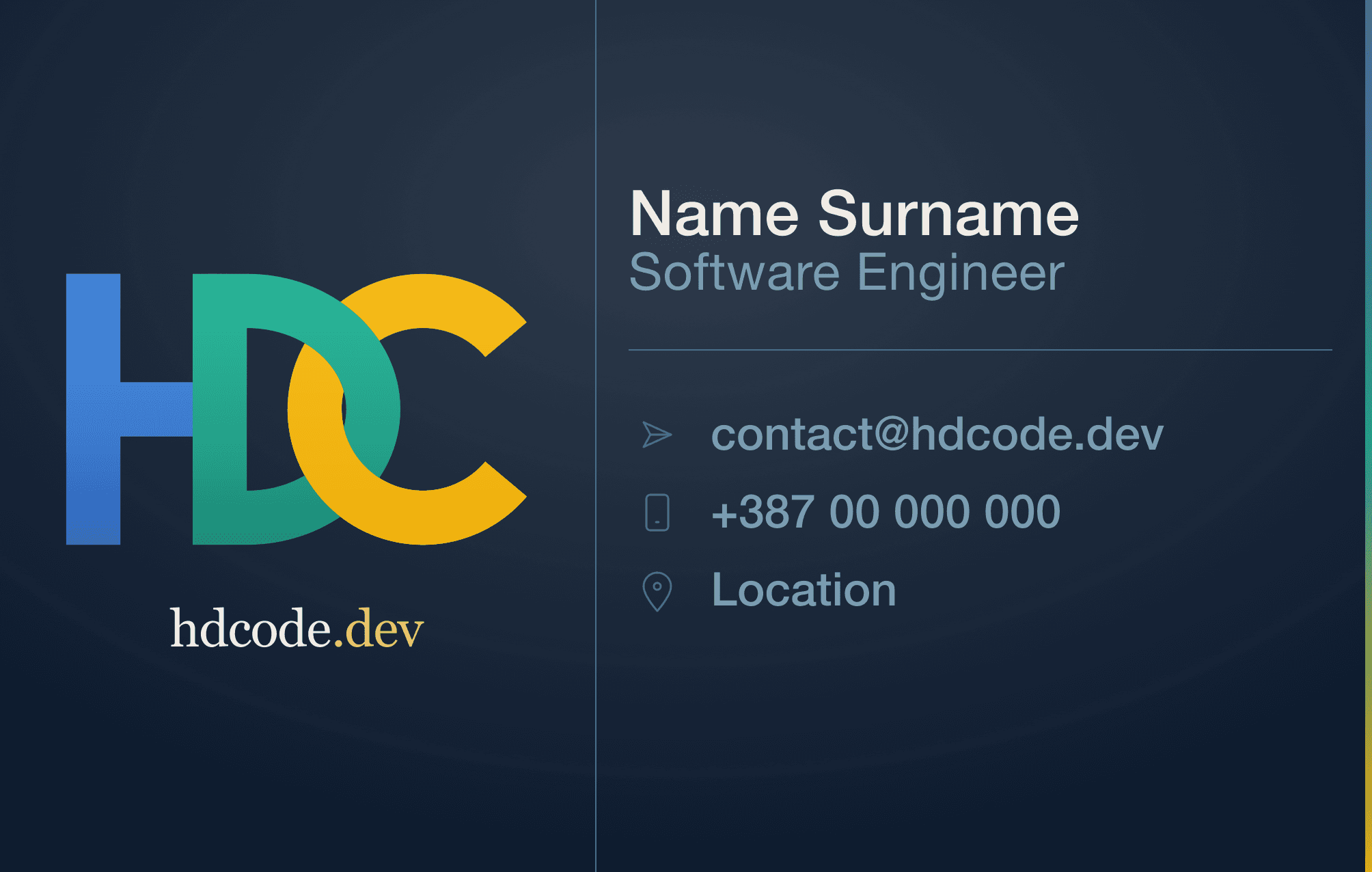 Legacy business card front - dark navy with saturated high-contrast HDCode logo