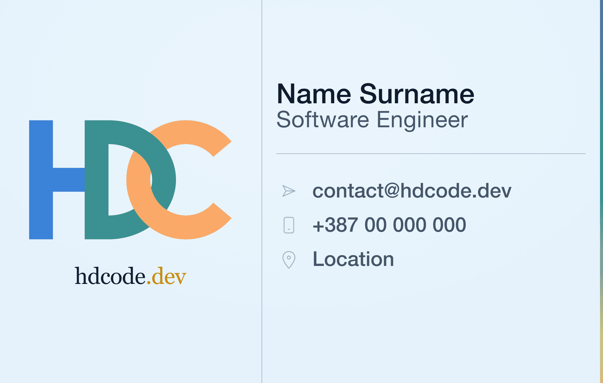Light business card front - white background with HDCode logo and dark contact details