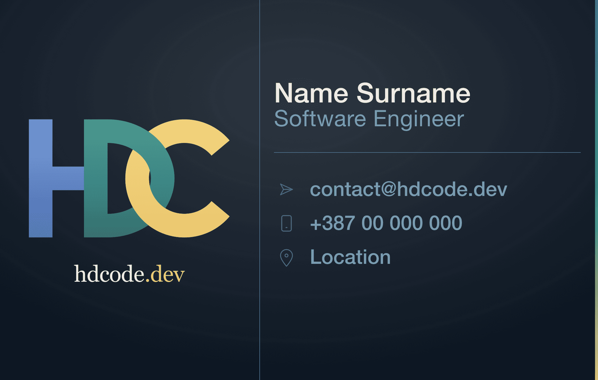 Primary business card front - dark navy background with HDCode logo and contact details