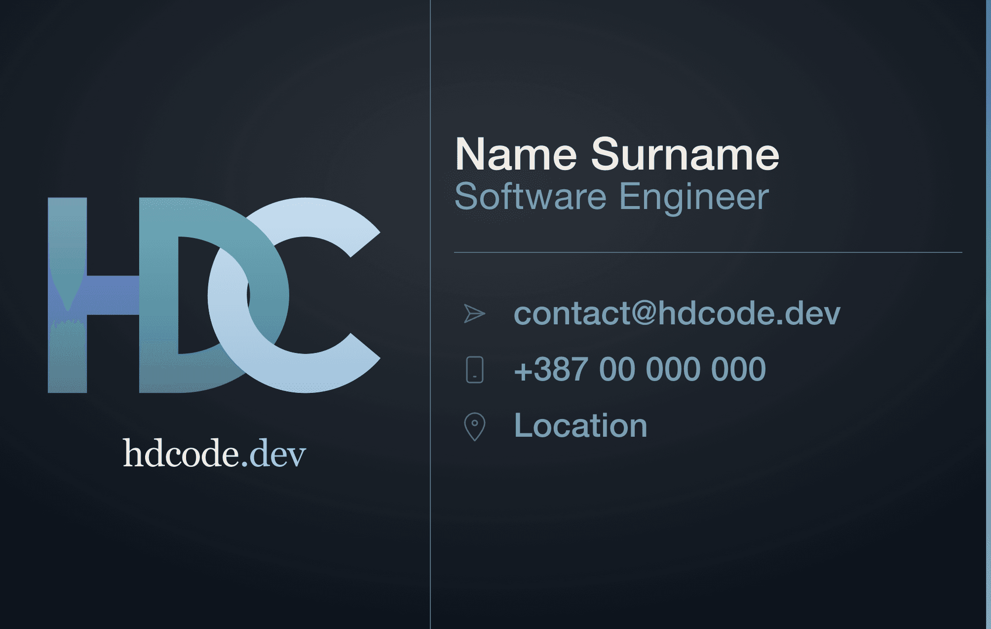 Winter business card front - dark navy with cool blue-slate HDCode logo